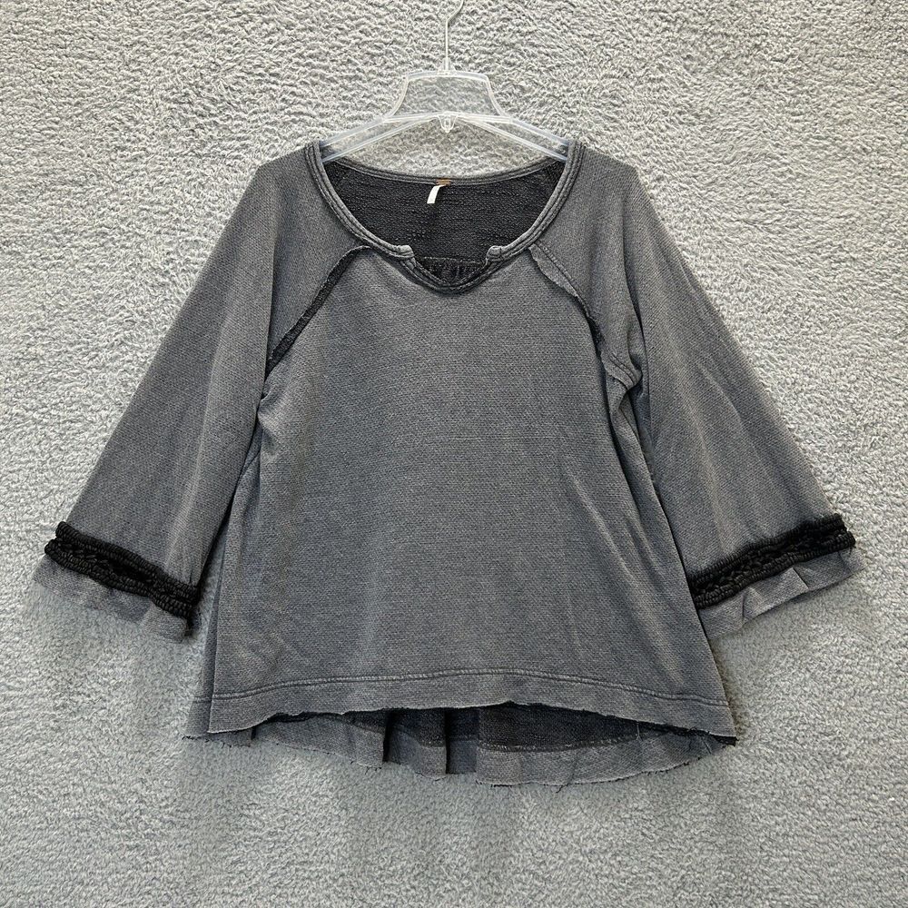 Free People Shirt Womens Extra Small Dark Gray Bell Crochet Sweatshirt Oversized